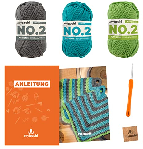myboshi Häkelset Topflappen Tonami, inkl. No.2 Wolle, Nadel und Anleitung, Häkelpaket 85% Baumwolle, 15% Kapok Grau mit Häkelnadel