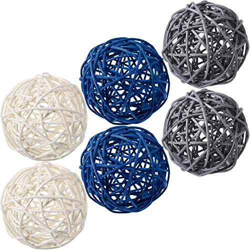 Yaomiao 6 Pcs Wicker Rattan Decorative Balls Vase Filler, Blue Gray White