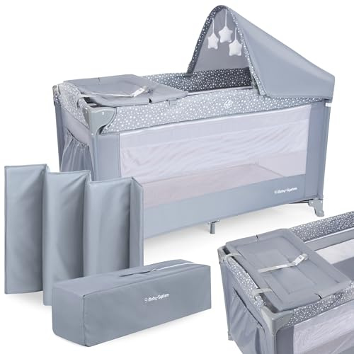 Moby-System 2 en 1 : Lit Parapluie Bébé & Parc - Matelas 2 Niveaux (0-6 mois/15kg, 6-36 mois/25kg) - avec Table à Langer, Sac de Transport et Roues Blocables - Gris