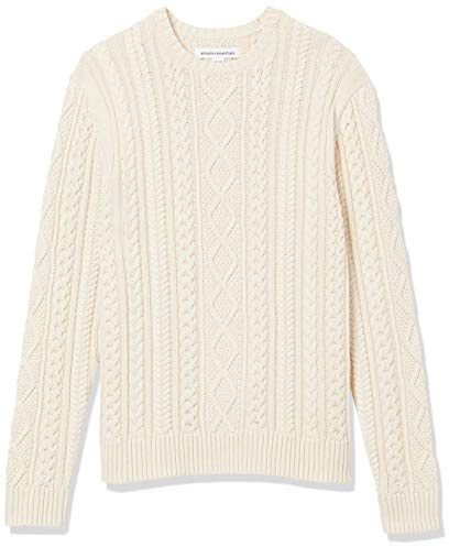 Amazon Essentials Men's Long-Sleeve 100% Cotton Fisherman Cable Crewneck Sweater, Off-White, X-Small