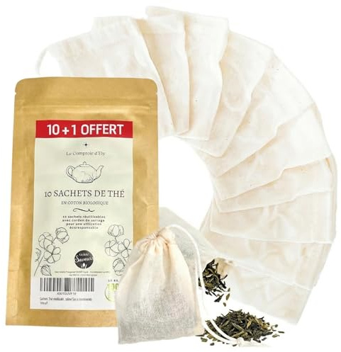 10+1 OFFERT Sachets Filtre a Thé 8x6cm-Réutilisable-Vide-Coton Bio-Cordons-Mousseline-Infusion Chaud ou Froid-Pochon tissu Epices-Infuseur a Thé-Thé en vrac-Lavable-A Remplir-Idée Cadeau