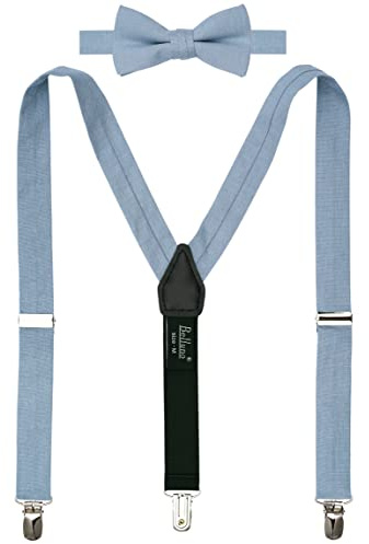 BELLUNO Dusty Blue Pre-tied Bow Tie and Suspenders Set, Cotton and Linen, Kids and Schoolers