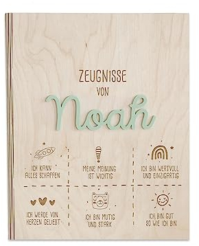 Personalisierte Zeugnismappe aus Birkenholz mit Acryl Namen - Individuelles Geschenk zur Einschulung - DIN A4 - Zeugnisringbuch Mädchen & Jungen - hellomini (Affirmation mint)