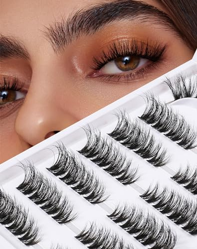 Natural Cluster Lashes D Curl Eyelash Extensions Wispy Individual Lashes Cat Eye Strips False Eyelashes 11-16MM DIY Lash Extensions 7 Pairs