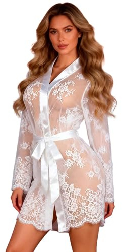 Lencería Mujer Sexy Kimono Bata de Encaje y Tul para Regordete Curvy XS-4XL | Manga Larga,Babydoll,Con Cinturón,Transpirable Tul,Talla Grande,Hot Lingerie for Women,Bata Novia,Corto,Ropa Playa,Negligee