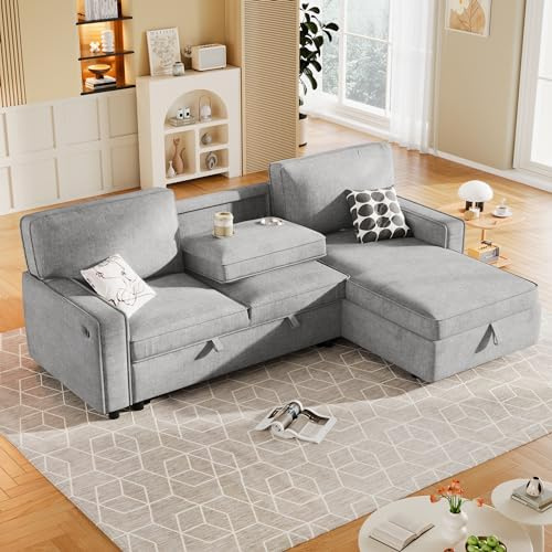 LUMISOL 89 Convertible Sleeper Sofa Bed, L-Shaped Sofa Couch with Storage and Pull Out Bed, Modern Sectional Sleeper Couch with Cup Holders & Charging Station for Living Room, Gray