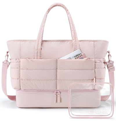 BAGSMART Puffer Reisetasche Groß 38l Sporttasche Damen Mit Schuhfach, Weekender Damen kliniktasche geburt Wasserabweisend HandgepäCk Tasche, 47*21*39cm Weiches Dickes StrapazierfäHiges Taslon, Rosa
