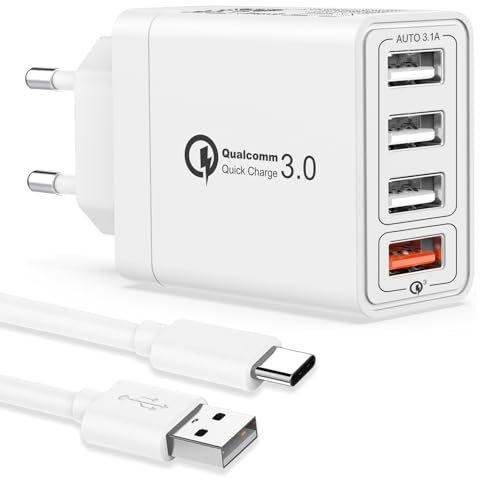 Cargador USB Multiple con Cable USB Tipo C, 4 Puertos Enchufe USB Carga Rapida 33W QC3.0 Cargador Móvil Carga Rapida Adaptador Cargador Rapido para iPhone 16 15 Pro,iPad,Samsung S24 S23/S22/S21,Xiaomi