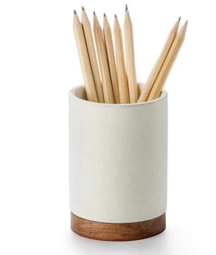 Officepal Pen Holder for Desk, Ceramic Pencil Organizer & Makeup Brush Holder, Office Decor and Desk Accessories，Perfect Office Organization,Teacher Supplies (White, Set / 1)
