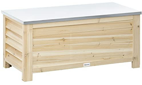 Outsunny Arcón de Jardín Exterior Carga 155L Baúl de Almacenaje Exterior de Madera con Tapa de Metal Galvanizado y Diseño con Listones para Jardín Terraza Balcón 110x50x50 cm Natural
