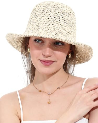 soul young Women Straw Sun Hat Wide Brim Hand Woven Foldable Bucket Hat UV Protection(One Size,Beige & Khaki)