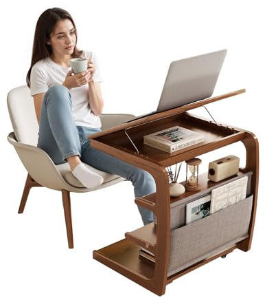 AQIMUELE Rolling Side Table, C Shaped End Table, C Table with 4 Wheels Solid Wood Small Rolling Desk with Adjustable Desktop,C Shaped End Table for Couch,Home Office(15.6 D x 23.6 W x 24.3 H)