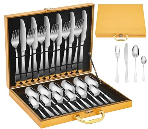 Bestickset i rostfritt stål, 24 stycken bestickset i rostfritt stål, bestickset för 6 personer med matsked, matgaffel, matkniv och tesked, matbestick med presentförpackning, diskmaskinssäker