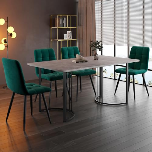 Crlnaup Matgrupp (5 -TLG), matbord med 4 stolar, modernt köksbordsset, 140 × 80 cm köksbord med svarta metallben, MDF-bordsskiva i grått, mörkgrön sammet matstolar