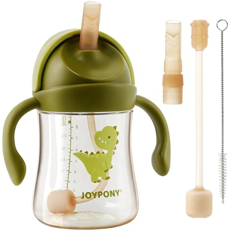 Joypony PPSU Sippy Cup, 266ml Spill Proof Weighted Straw Cup, Green | Weighted baby water bottle with V-valve, BPA free PPSU, handles for easy grip, includes 2 silicone straws and cleaning brush