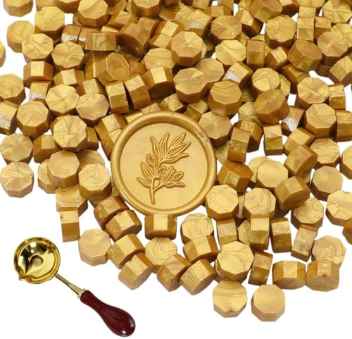 300 Perline di Cera per Sigilli Ottagonali con Cucchiaio per Fusione - Set per Sigillatura con Cera, Timbro, Lettere, Inviti, Biglietti, Buste, Confezione Regali, Matrimonio, Fai da Te (Oro)