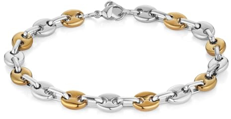 HZMAN Coffee Bean Bracelet for Men, 7mm Wide 8.5 Inch Stainless Steel Link Chain, Gift for Men, Gold, Silver, Two-Tone