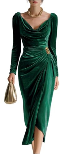 Vestido Mujer Elegante - Ropa Mujer Elegante Terciopelo Cuello En V Slim Fit, Dresses Largo Classic, Dresses for Women Glamour Adecuado para Primavera Y Verano Verde Militar M