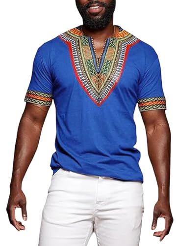 Camicia Africana da Uomo con Scollo a V Etnico Dashiki Camicia Estiva per Il Tempo Libero con Stampe Etniche a Maniche Corte Camicie Tradizionali Medio Oriente Abiti Arabi
