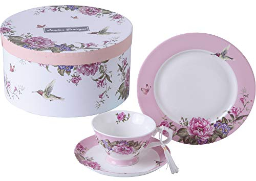 London Boutique Coffee Tea cup and Saucer 7.5 Dessert Plate set 3 Shabby Chic Vintage porcelain Bird Butterfly Floral Gift Box (Pink)