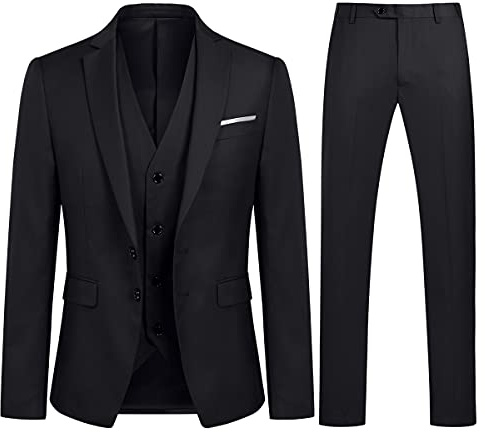 YOUTHUP 3-delad herrkostym 2-knapps slim fit passar enkelknäppt jacka västbyxor för business bröllop, svart, XS