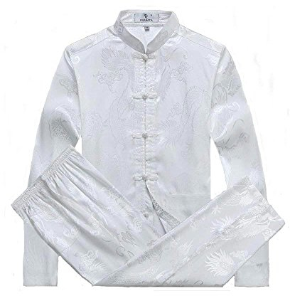G-LIKE Chinesische Kleidung Tang Anzug - Traditionelle Klassische Kostüme Kampfkunst Kung Fu Tai Chi Qigong Lange Ärmel Drachen Muster Performance Uniform für Männer Frauen (Weiβ, M)