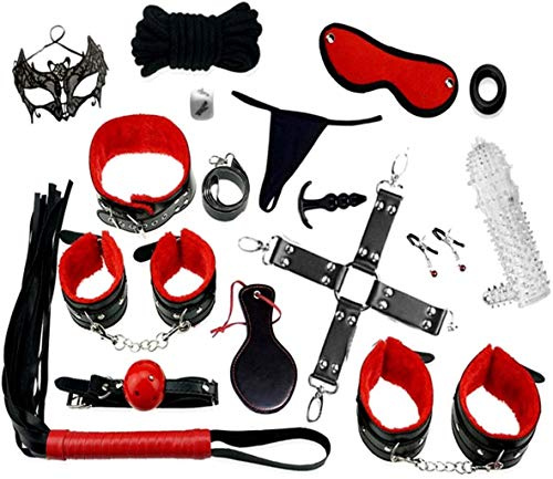 LOVONE BDSM Ensemble de servitude composé de 18 articles. Parfait pour les débutants, menottes SM avec masque pour les yeux et sex toys érotiques pour couple, noir et rouge