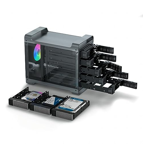 5 Fach FestplattenGehäuse, Yottamaster Spielorientiert Aluminium Externes Festplattengehäuse für 5 X3.5/2.5 HDD/SSD, Externes Speichersystem für Spiele mit 80mm Leise RGB Lüfter & 150W Innennetzteil