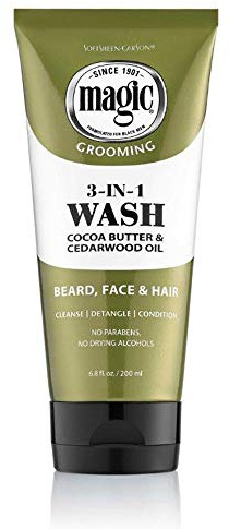 SoftSheen - Carson Magic Beard Wash 3 en 1 limpia y acondiciona la cara, barba y cabello, con manteca de cacao y manteca de karité, 6.8 onzas líquidas