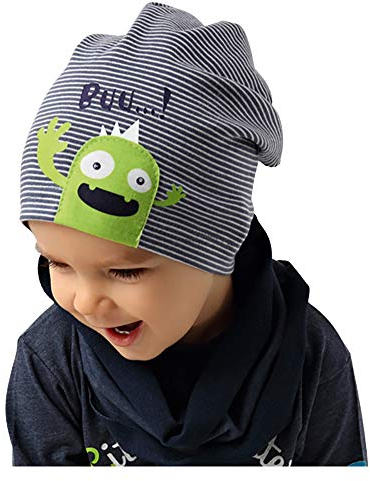 AJS Mütze Beanie Junge Kindermütze Übergangsmütze Monster Frühling Herbst Gr. 52-54, Farbe: Hellgrau-Rot