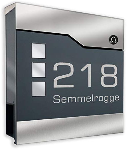 Zalafino Briefkasten mit FUNKKLINGEL ANTHRAZIT RAL 7016 mit Beschriftung - individualisierbarer Design-Briefkasten aus pulverbeschichtetem Stahl mit Zeitungsrolle und 3 Sichtfeldern