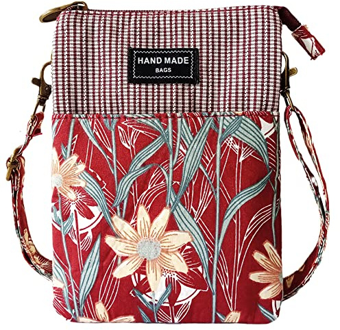 LassZone Canvas Crossbody Phone Bag for Women Girls Small Cross Body Bag Mini Shoulder Hanndbags 5 Layers Coin Purse Wallet with Floral Pattern (Red)