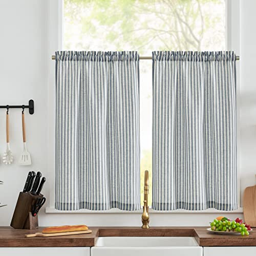 Vangao Streifen Scheibengardinen Modern Küche Blau Bistrogardine 2er Set 65Bx90Hcm Leinenoptik mit Stangendurchzug Lichtdurchlässig Landhaus Gardinen Kurz Gestreifte Wohnzimmer Wohnwagen Kurzstores