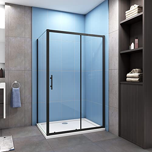 120x80x185CM Cabina de Ducha Rectangular Puerta Corredera Cristal Templado 5 MM Perfil Negro Mate