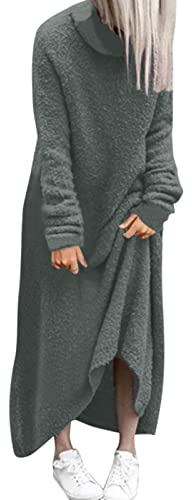 Vestito per il tempo libero da donna, in peluche, casual, tinta unita, a collo alto, a maniche lunghe, largo, lunghezza alla caviglia, comoda maglietta larga, maxi abito invernale, grigio., M
