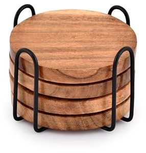 EDHAS Acacia Wood Coasters for Drinks with Iron Holder Stand for Coffee Table, Tabletop Protection Decor, Set of 4
