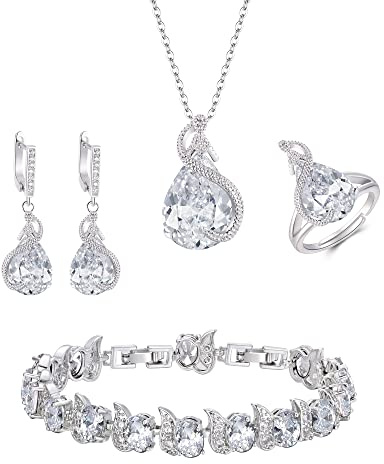 EVER FAITH Juegos de Joyas Mujer Circonita Cúbica en Forma de Lágrima para Novia, Glamour Colgante Collar Pendientes Tenis Pulsera Abierto Anillo Conjunto para Mujeres Fiesta Claro Tono Plateado