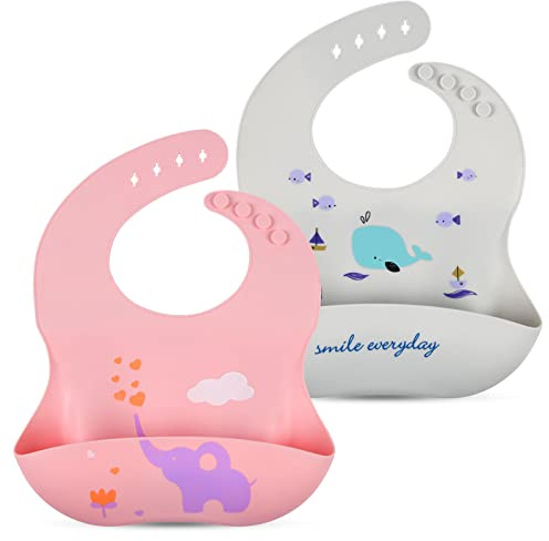 Vicloon Baberos de Alimentación para Bebés,2pcs Baberos de Silicona,Baberos Impermeables,Baberos Suave Ajustable para Bebés y Niños Niñas，Baberos para alimentación de bebés con Recolector Alimentos