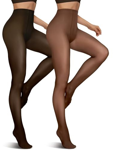 Vertvie 2 Pairs Fleece Lined Tights for Women Thermal Pantyhose Fake Translucent Winter Warm Tights Thick Leggings (80g-No Fleece,Coffee Sheer/Black Sheer,Small-Medium)