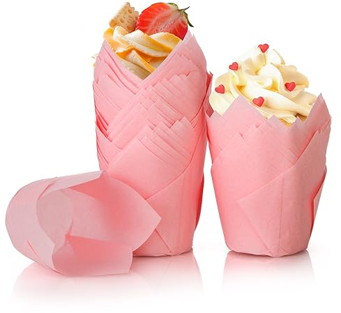 Spesh Lot de 100 Moules à Muffins en Papier Moules à Cupcakes Jetables Tasses de Papier de Cuisson de Tulipe pour Mariage,Fête,Anniversaire(Rose)