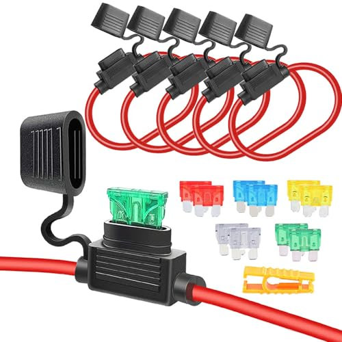 Aiqeer 5 Pezzi 32V Medio In-Linea Portafusibili, Impermeabile Portafusibili a Lama Auto con 16 AWG Cavo, Gratuito 10 Pezzi Fusibili a Lama Standard e Estrattore di Fusibili