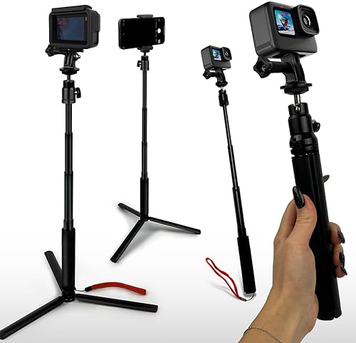 MyGadget Perche à Selfie pour Action Camera & Smartphones - Trépied [30 cm à 93 cm] - avec Accessoires - pour GoPro, Instax, DJI, iPhone - Noir