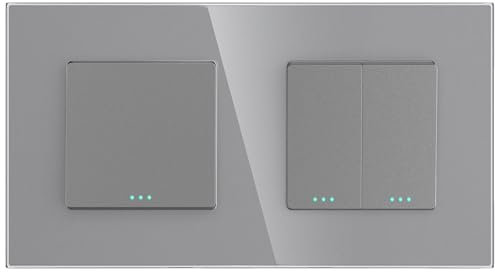 PULSAR Wechselschalter mit Doppelschalter Glas Doppellichtschalter Grau 2 Fach Lichtschalter Unterputz 4mm gehärtetes Glas Schalter Wandschalter Wechselschalter/Ein-Ausschalter Doppelt Kombination