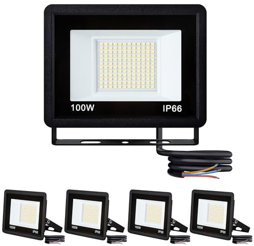SUBTLETY 5x100W Aluminium Strahler für Arbeitsbeleuchtung LED Baustrahler Außen Sicherheitsbeleuchtung 230V Wandstrahler Superhelle Scheinwerfer Fluter Außenlampe für Garten Garage Gehwege (Warmweiß)