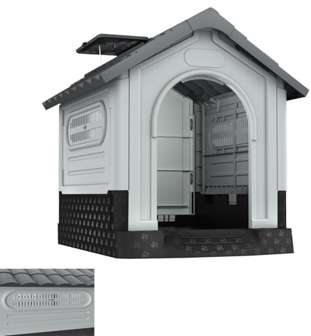 ORHEYA Caseta de plástico para perros, cueva para perros con puerta, tragaluces, rejilla de ventilación y suelo elevado, refugio para mascotas, casa para perros aislada para exterior e interior, 79,5