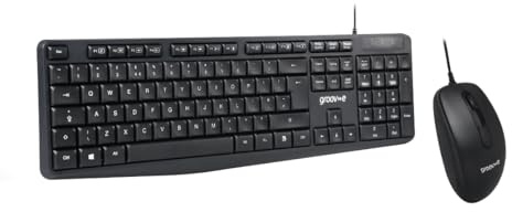 Groov-e Wired Full-Size Keyboard and Mouse Combo - Computer Accessories for Laptops and PCs, Ergonomic Design, Silent Keys, USB Connection, Compact Mouse, Qwerty Keyboard - Black