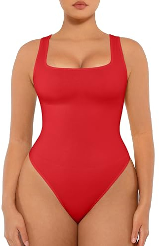 FeelinGirl Shapewear Bodysuit for Women Square Neck Tummy Control Body Shaper Seamless Tank Tops Thong Bodysuits (Rust Red M/L)