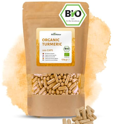 RheinNatur Bio Kurkuma Kapseln 200 Stück - 4500 mg je Tagesdosis - Fein gemahlene Kurkumawurzel in pflanzlicher Kapselhülle, vegan - Reich an Vitaminen, Mineralien & Antioxidantien