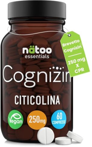 Natoo Citicolina 250 mg Cognizin ® 60 Cpr, Concentrazione e Memoria con CDP Colina, Integratore di Citicolina Pura per Performance Mentale con Alta Biodisponibilità