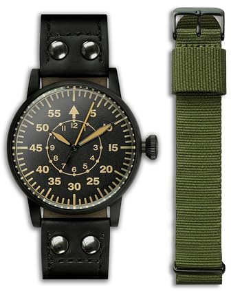 WARTIME | WW2 Military Watch Luftwaffe Black Edition – Vintage Pilot Watch with Swiss-Made Movement, Gun Black Steel Case, Superluminova Hands, Genuine Leather & two Straps, 10 ATM Water Resistant – WWII Collector’s Ammunition Box